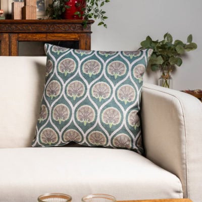 Damask Fan Velvet Cushion in Jade Green