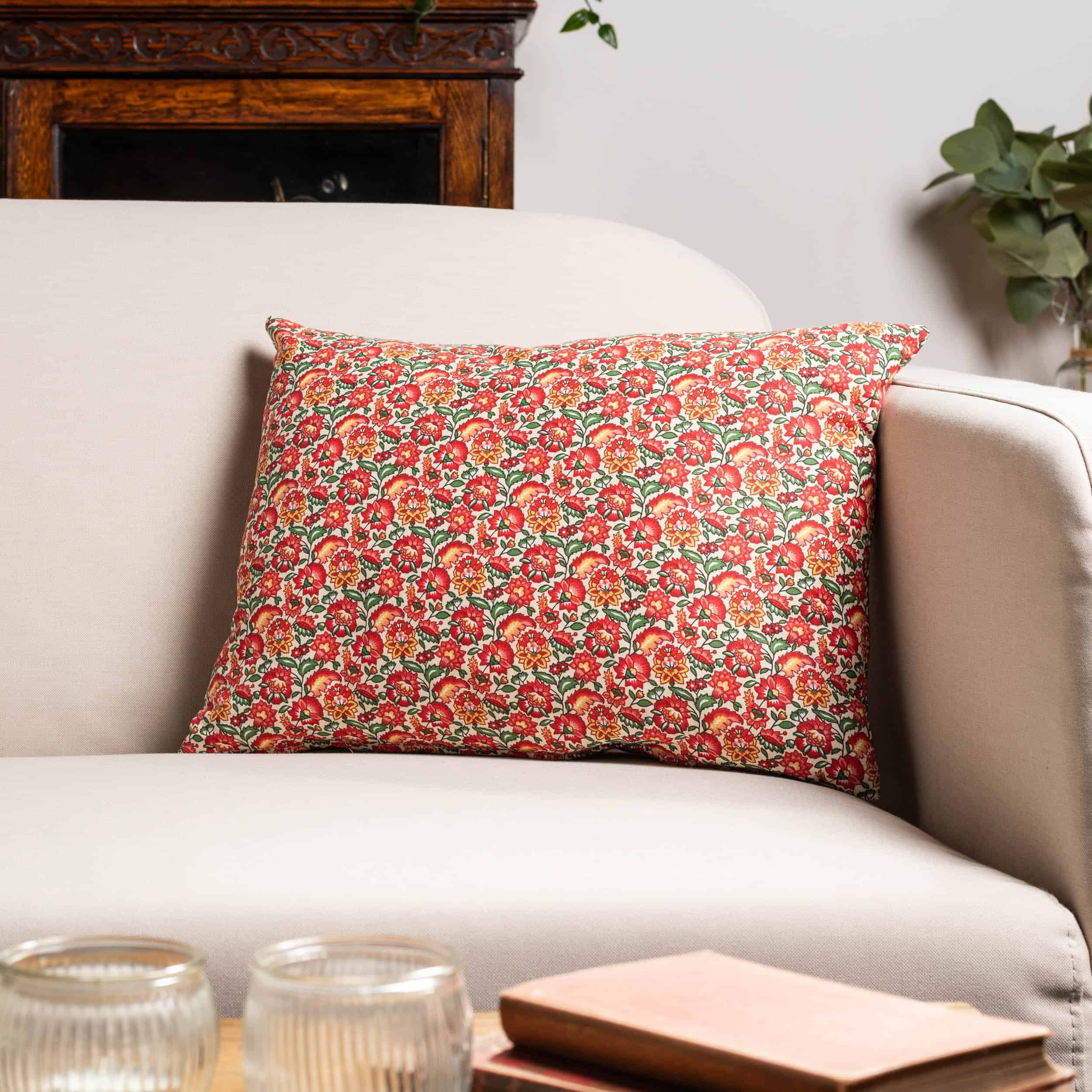 Heritage Garden Floral Print Boudoir Cushion in Poppy and Primrose