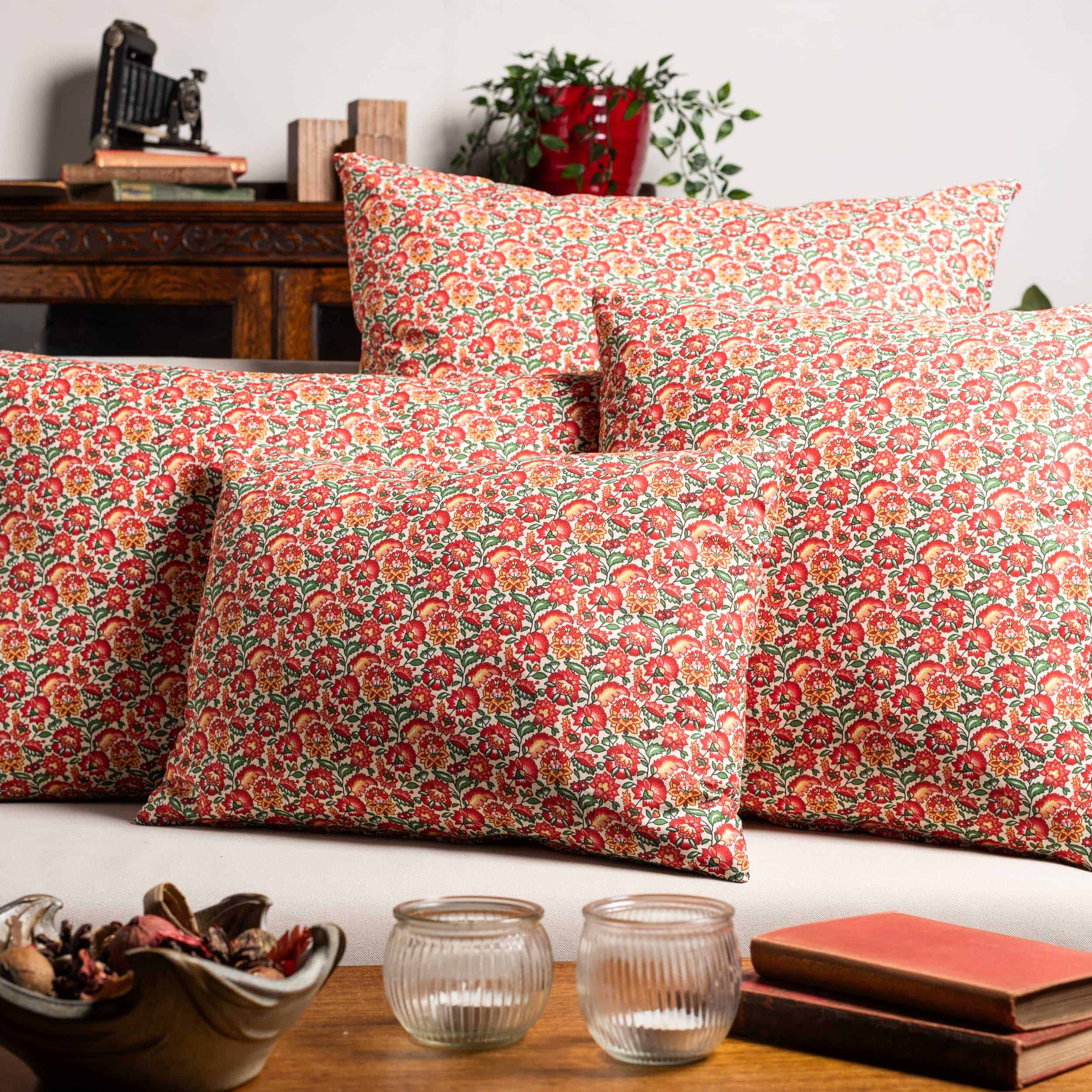 Heritage Garden Floral Print Boudoir Cushion in Poppy and Primrose