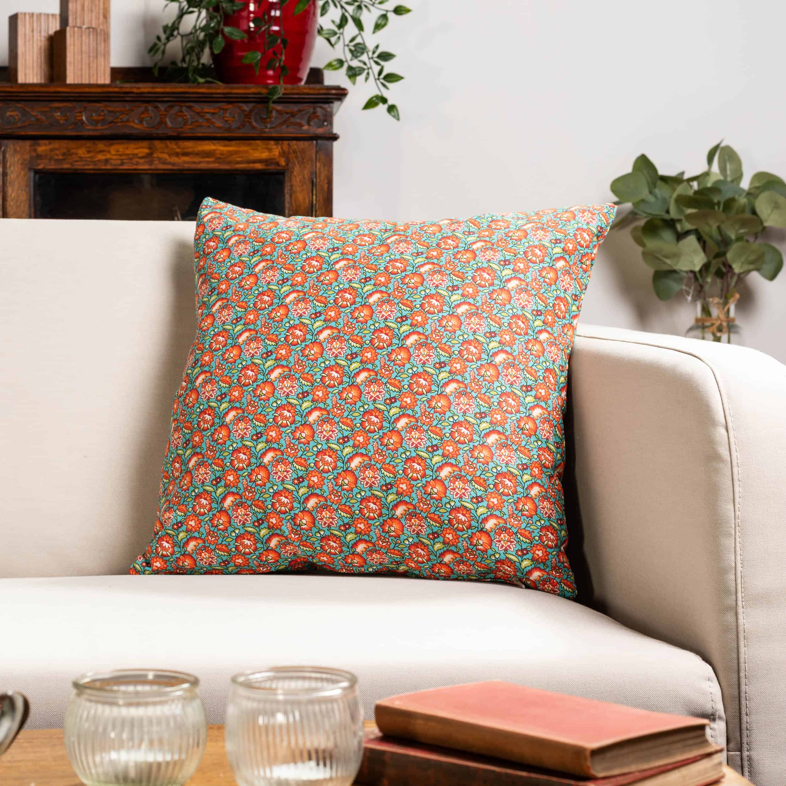 Heritage Garden Floral Print Cushion in Teal and Orange