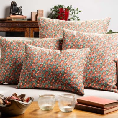 Heritage Garden Floral Print XL Rectangular Cushion in Teal and Orange