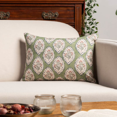 Larkspur Lattice Linen Look Boudoir Cushion in Sage Green