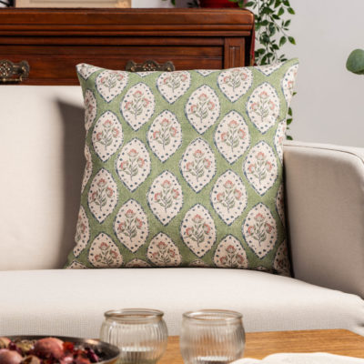 Larkspur Lattice Linen Look Cushion in Sage Green