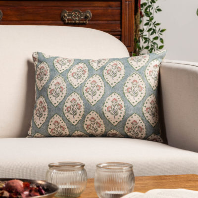 Larkspur Lattice Linen Look Boudoir Cushion in Sky Blueq