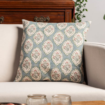 Larkspur Lattice Linen Look Cushion in Sky Blue
