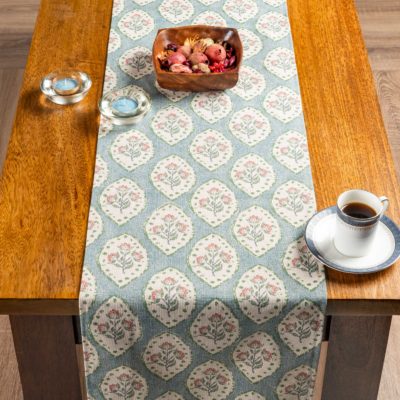 Larkspur Lattice Linen Look Table Runner in Sky Blue
