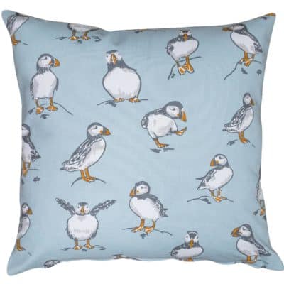Puffins Cushion in Mineral Blue