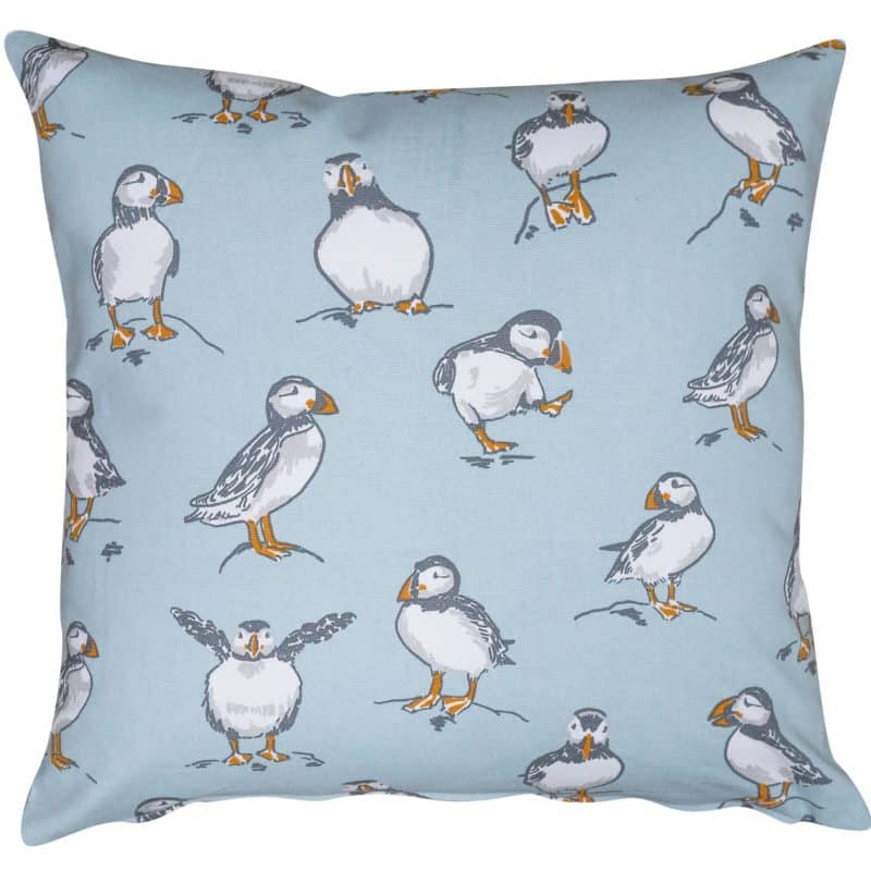Puffins Cushion in Mineral Blue