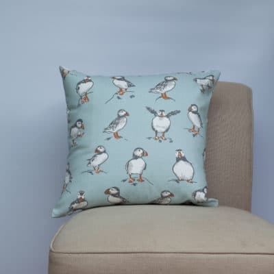 Puffins Cushion in Mineral Blue