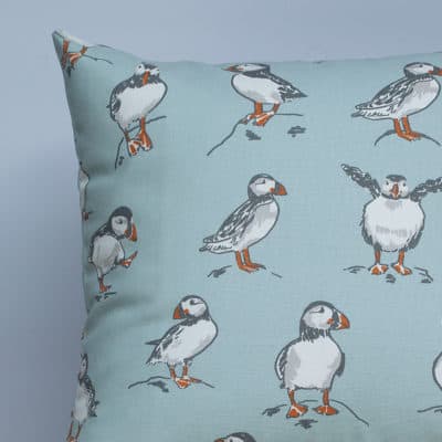 Puffins Cushion in Mineral Blue