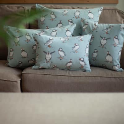 Puffins Cushion in Mineral Blue