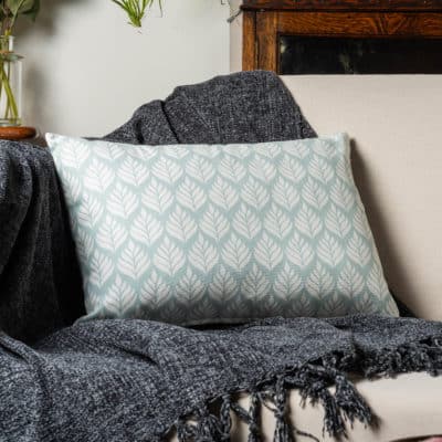 Minimalist Scandi Leaf Boudoir Cushion in Duck Egg Blue