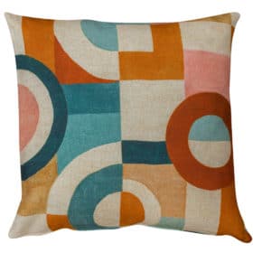 Retro Linen Geo Block Print Cushion in Cinnamon