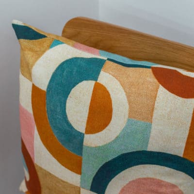 Retro Linen Geo Block Print Cushion in Cinnamon