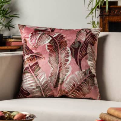 Calathea Jungle Leaf Velvet Cushion in Dusky Pink