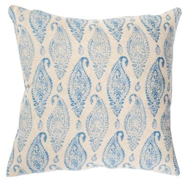 Paisley Block Print Style Linen Blend Cushion in Cornflower Blue