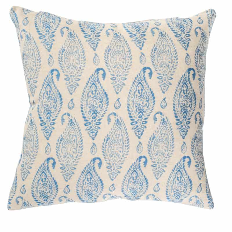 Paisley Block Print Style Linen Blend Cushion in Cornflower Blue