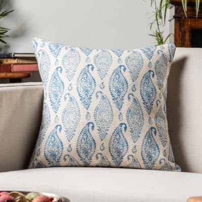 Paisley Block Print Style Linen Blend Cushion in Cornflower Blue