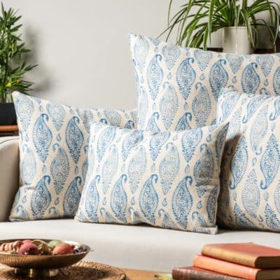 Paisley Block Print Style Linen Blend Cushion in Cornflower Blue