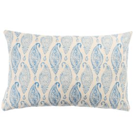 Paisley Block Print Style Linen Blend XL Rectangular Cushion in Cornflower Blue