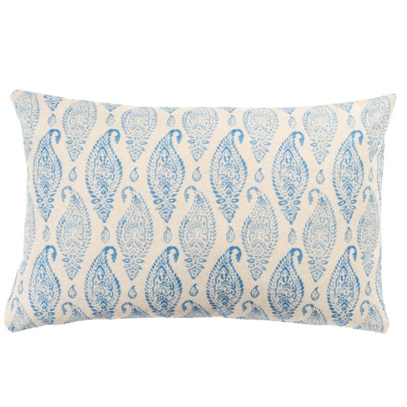 Paisley Block Print Style Linen Blend XL Rectangular Cushion in Cornflower Blue