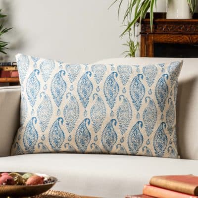 Paisley Block Print Style Linen Blend XL Rectangular Cushion in Cornflower Blue