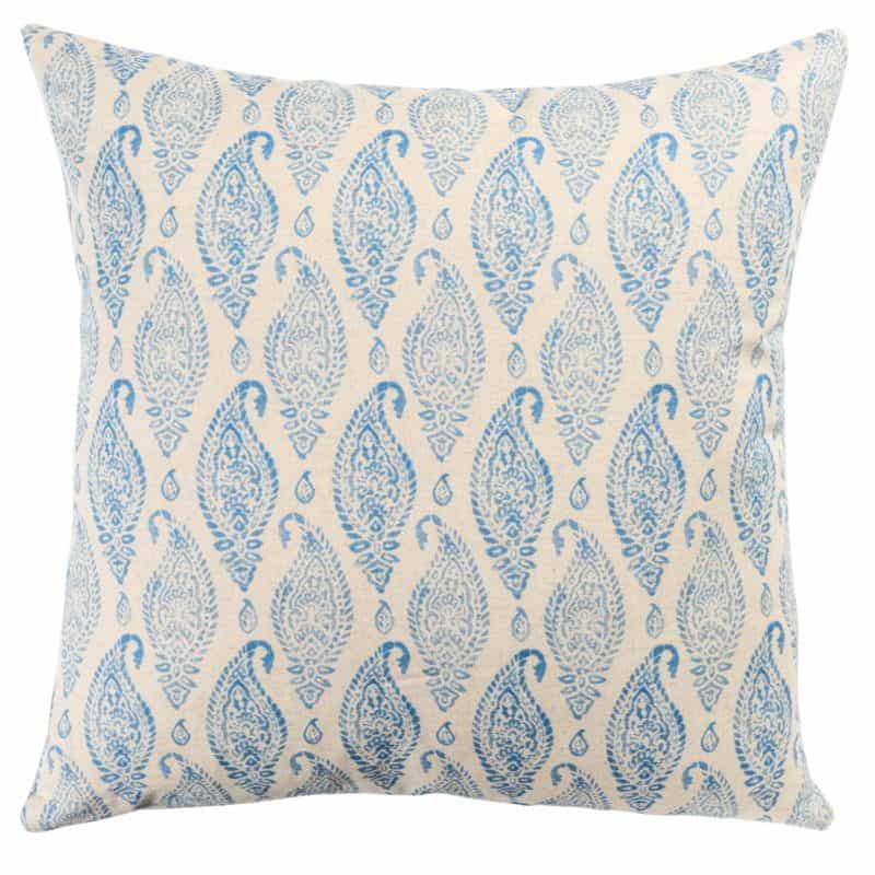 Paisley Block Print Style Linen Blend Extra-Large Cushion in Cornflower Blue