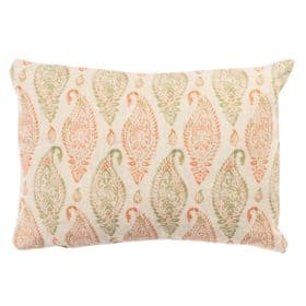 Paisley Block Print Style Linen Blend Boudoir Cushion in Green and Apricot