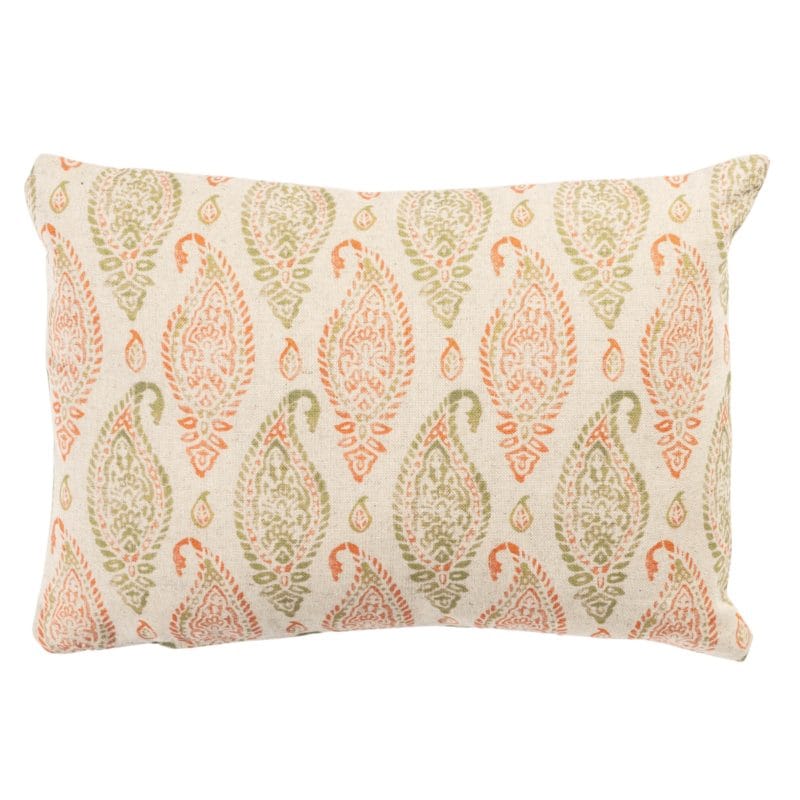 Paisley Block Print Style Linen Blend Boudoir Cushion in Green and Apricot