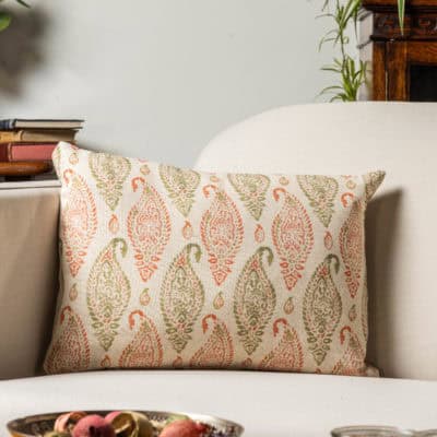 Paisley Block Print Style Linen Blend Boudoir Cushion in Green and Apricot