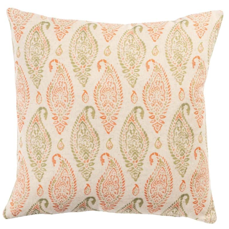 Paisley Block Print Style Linen Blend Cushion in Green and Apricot