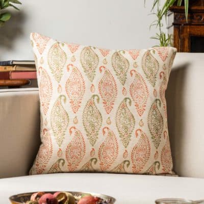 Paisley Block Print Style Linen Blend Cushion in Green and Apricot