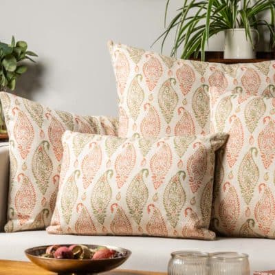 Paisley Block Print Style Linen Blend Cushion in Green and Apricot