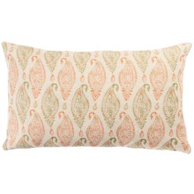 Paisley Block Print Style Linen Blend XL Rectangular Cushion in Green and Apricot