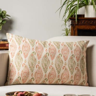 Paisley Block Print Style Linen Blend XL Rectangular Cushion in Green and Apricot