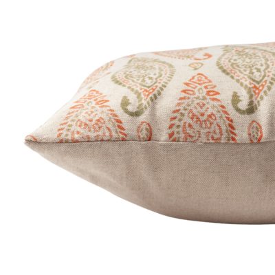 Paisley Block Print Style Linen Blend XL Rectangular Cushion in Green and Apricot