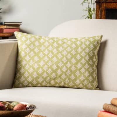 Rustic Leaf Linen Blend Boudoir Cushion in Pale Green