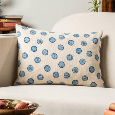 Flower Block Print Linen Blend Boudoir Cushion in Cornflower Blue