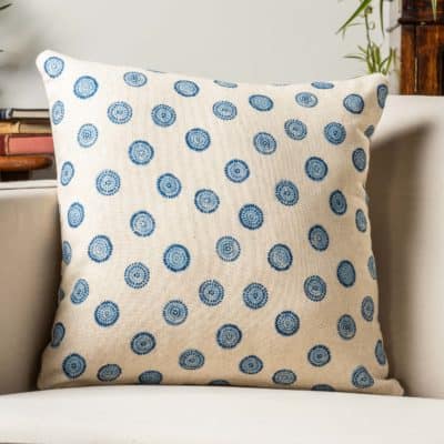 Flower Block Print Linen Blend Cushion in Cornflower Blue
