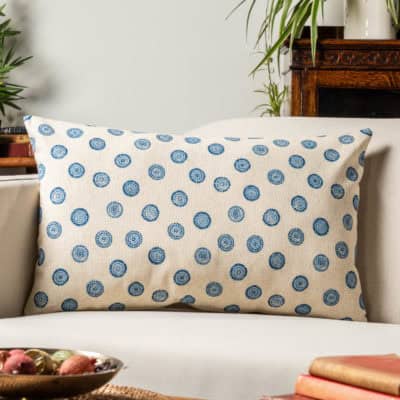 Flower Block Print Linen Blend XL Rectangular Cushion in Cornflower Blue