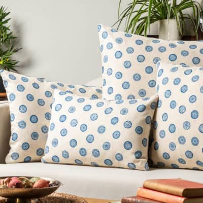 Flower Block Print Linen Blend XL Rectangular Cushion in Cornflower Blue