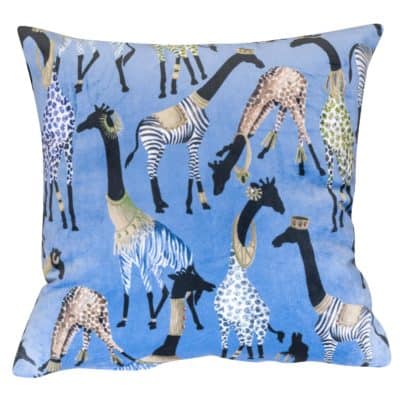 Zawadi Giraffe Velvet Cushion in Cornflower Blue