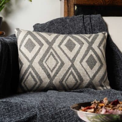 Tribal Ikat Boucle Boudoir Cushion in Stone Grey