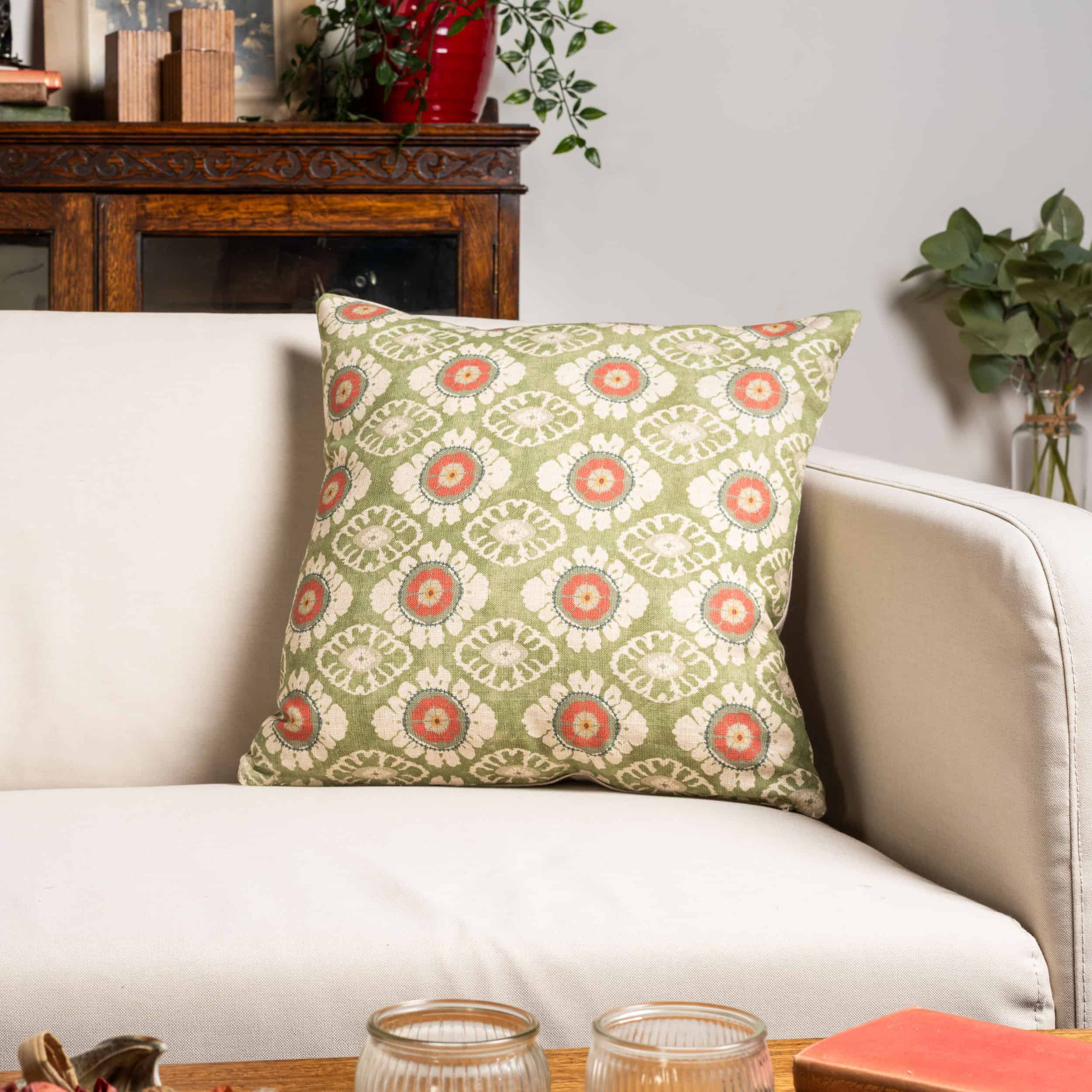 Mandala Motif Linen Print Cushion in Green