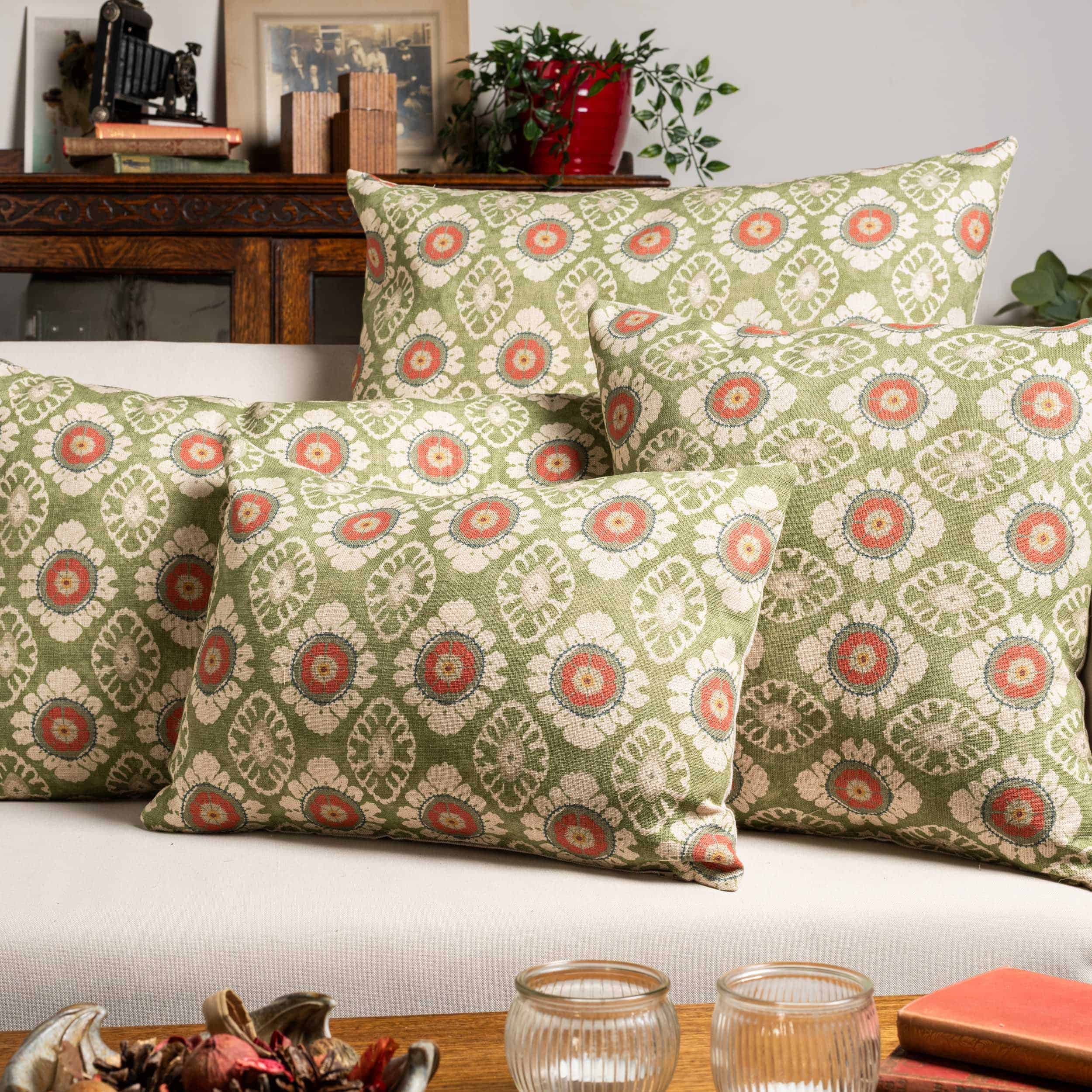 Mandala Motif Linen Print Cushion in Green