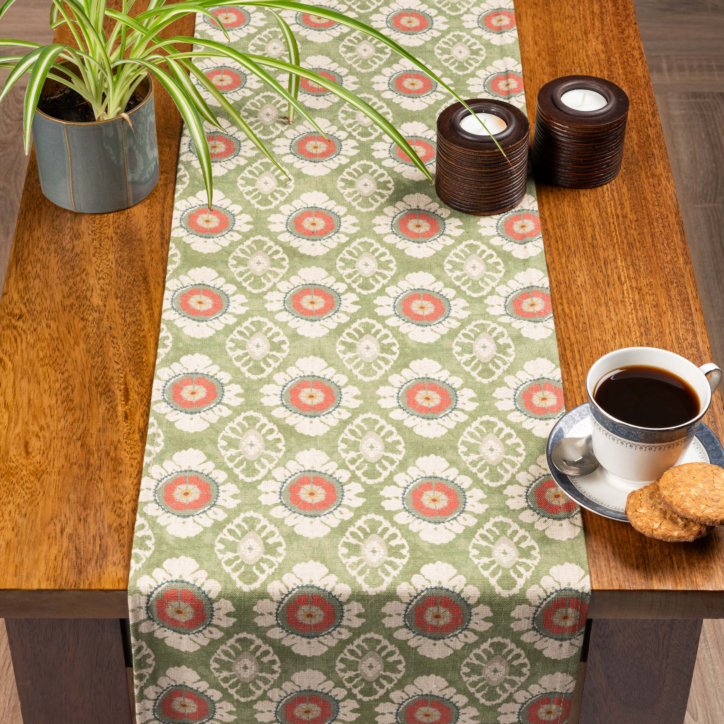 Mandala Motif Linen Print Table Runner in Green