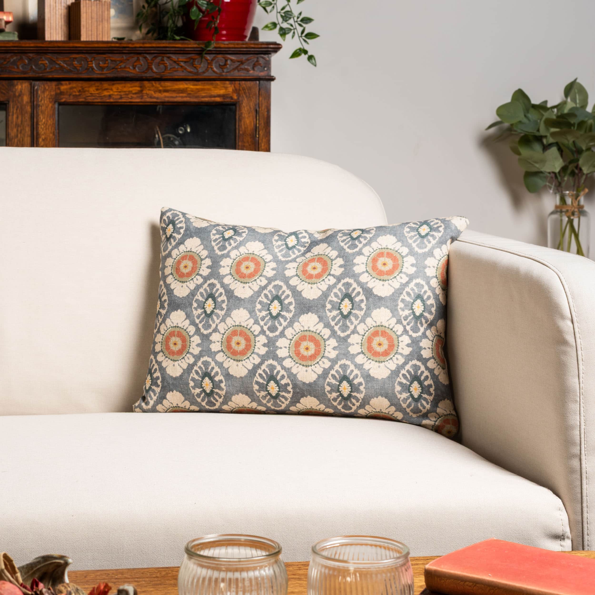 Mandala Motif Linen Print Boudoir Cushion in Cornflower Blue