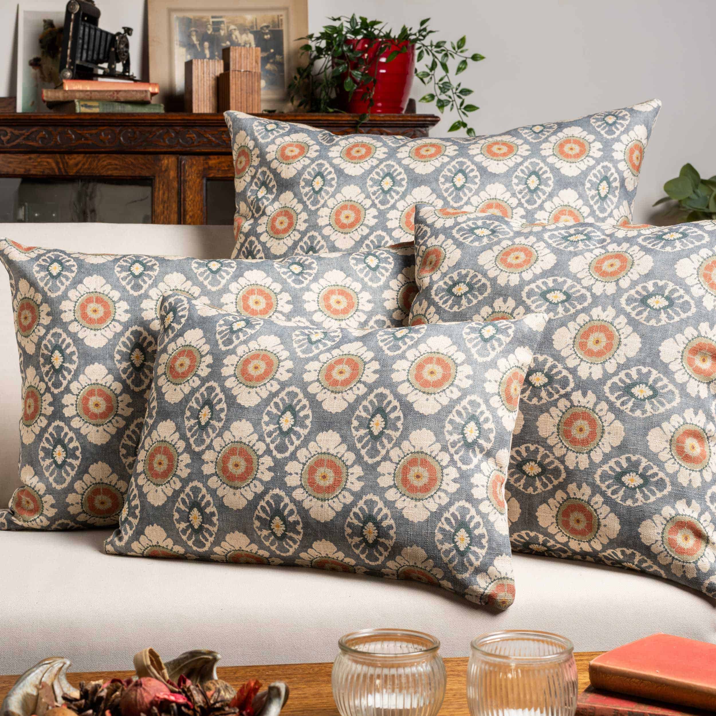 Mandala Motif Linen Print Boudoir Cushion in Cornflower Blue