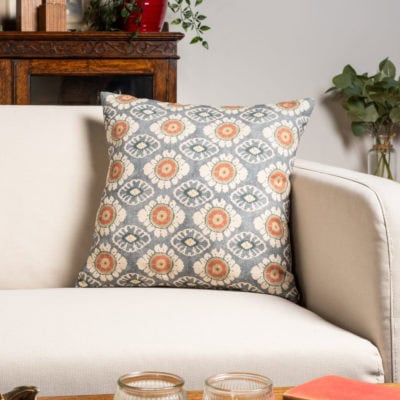 Mandala Motif Linen Print Cushion in Cornflower Blue