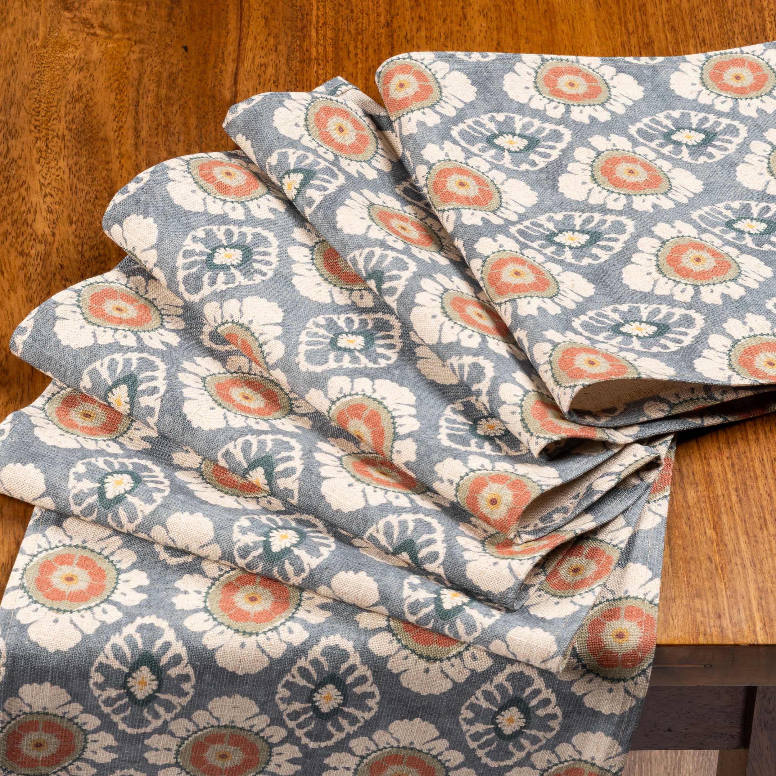 Mandala Motif Linen Print Table Runner in Cornflower Blue